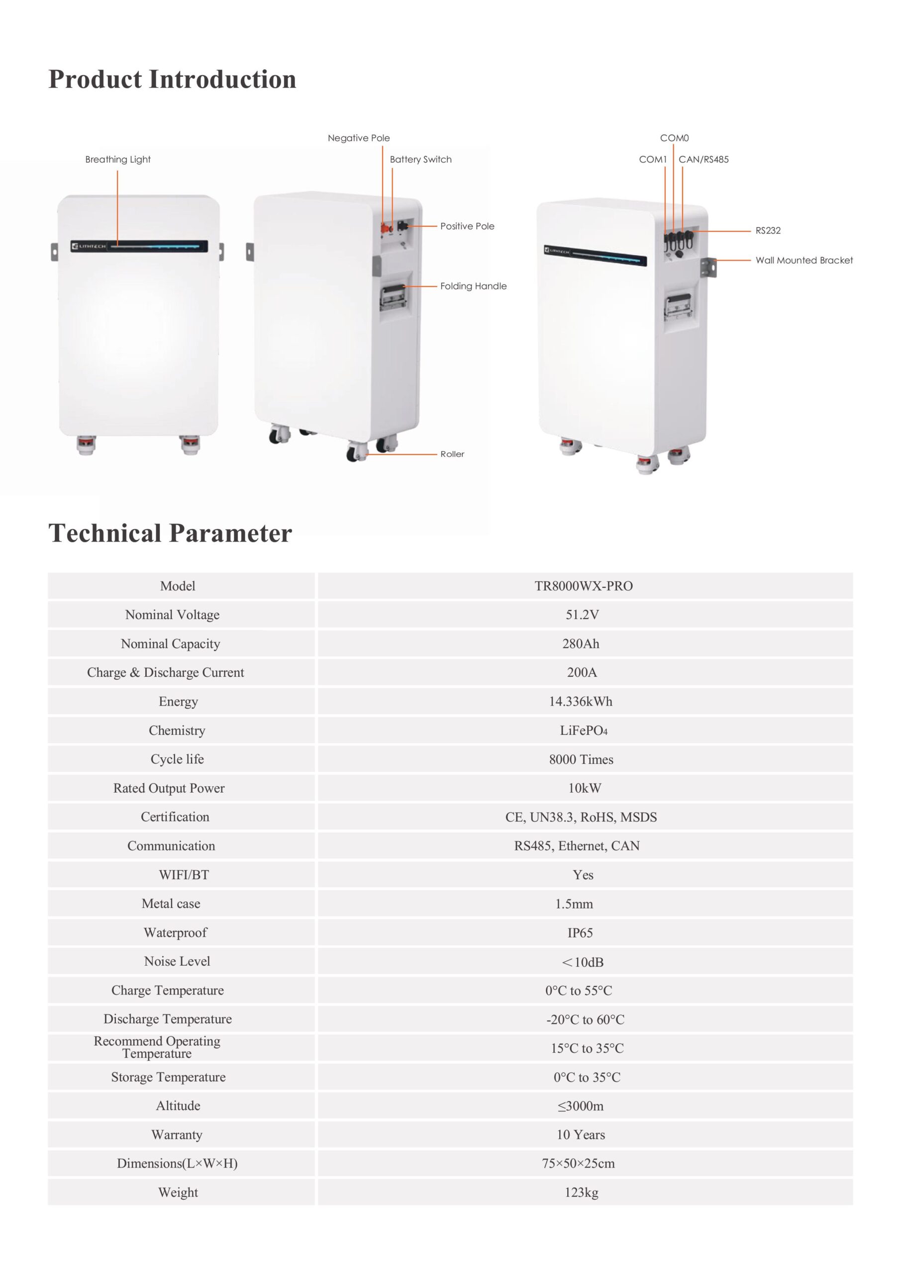 Thông số kỹ thuật của pin TR8000WX-PRO Lithtech ip65