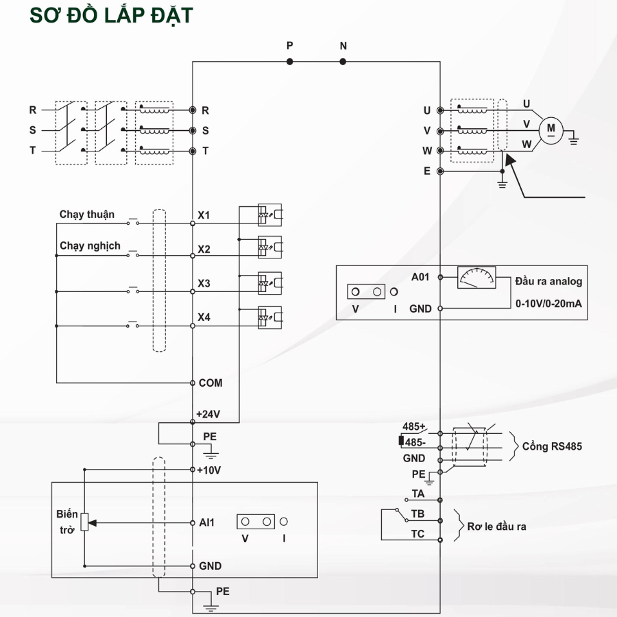 Sơ đồ lắp đặt vào 1 pha ra 3 pha