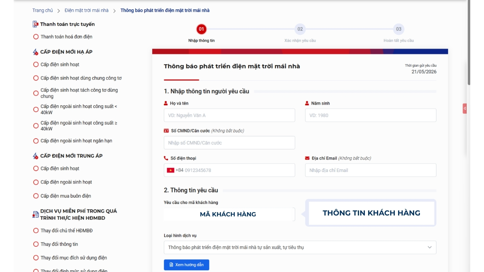Điền thông tin chủ hợp đồng điện