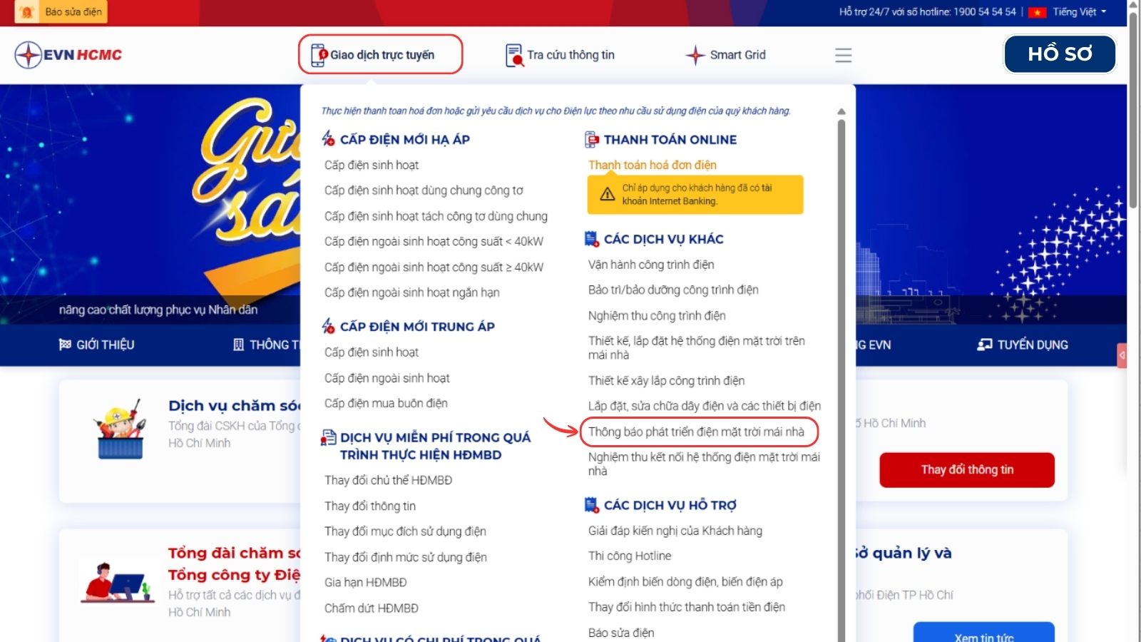 Giao diện truy cập khai báo cho EVN Hồ Chí Minh
