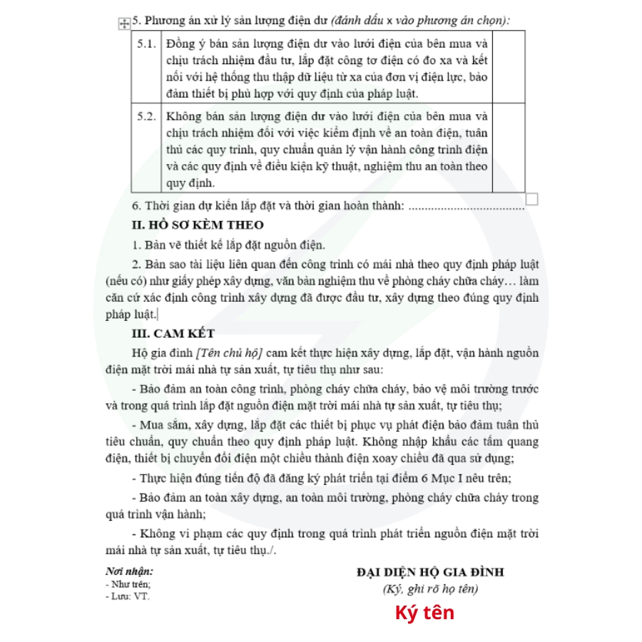 Hồ sơ điện lực cho hộ gia đình có chữ ký