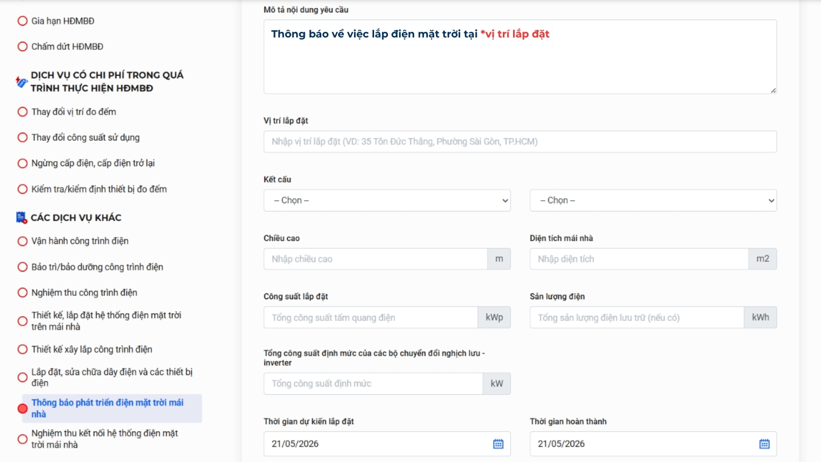 Khai báo thông tin hệ thống điện mặt trời