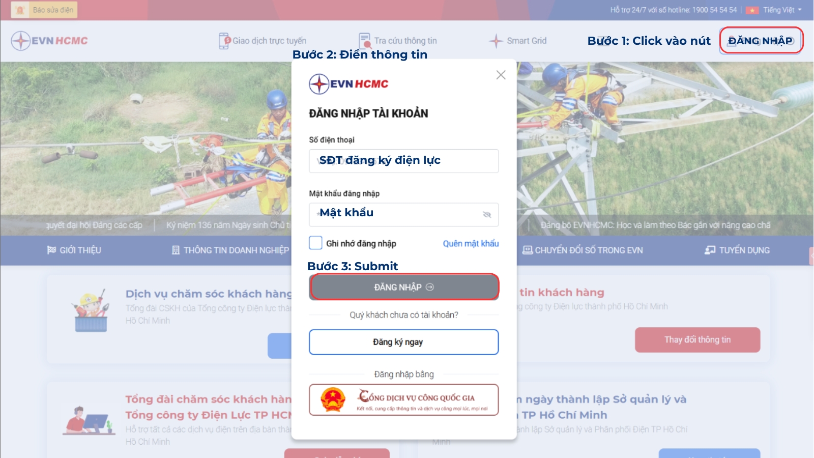 Giao diện đăng nhập EVN Hồ Chí Minh